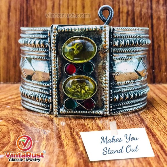 single Vintage Kuchi Cuff Bracelet With Yellow Glass Stones, Gypsy Cuff Bracelet - Picture 5 of 12